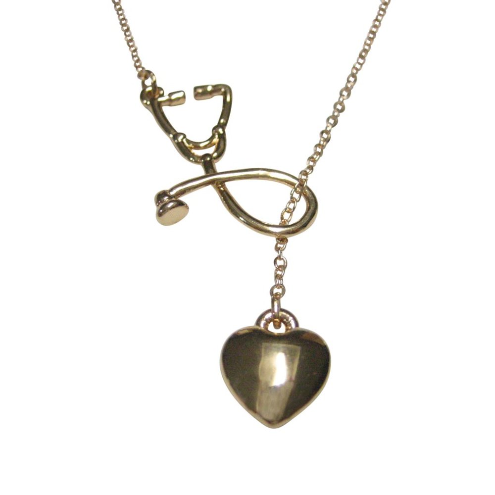 Gold Toned Vertical Medical Stethoscope With Heart Pendant Necklace